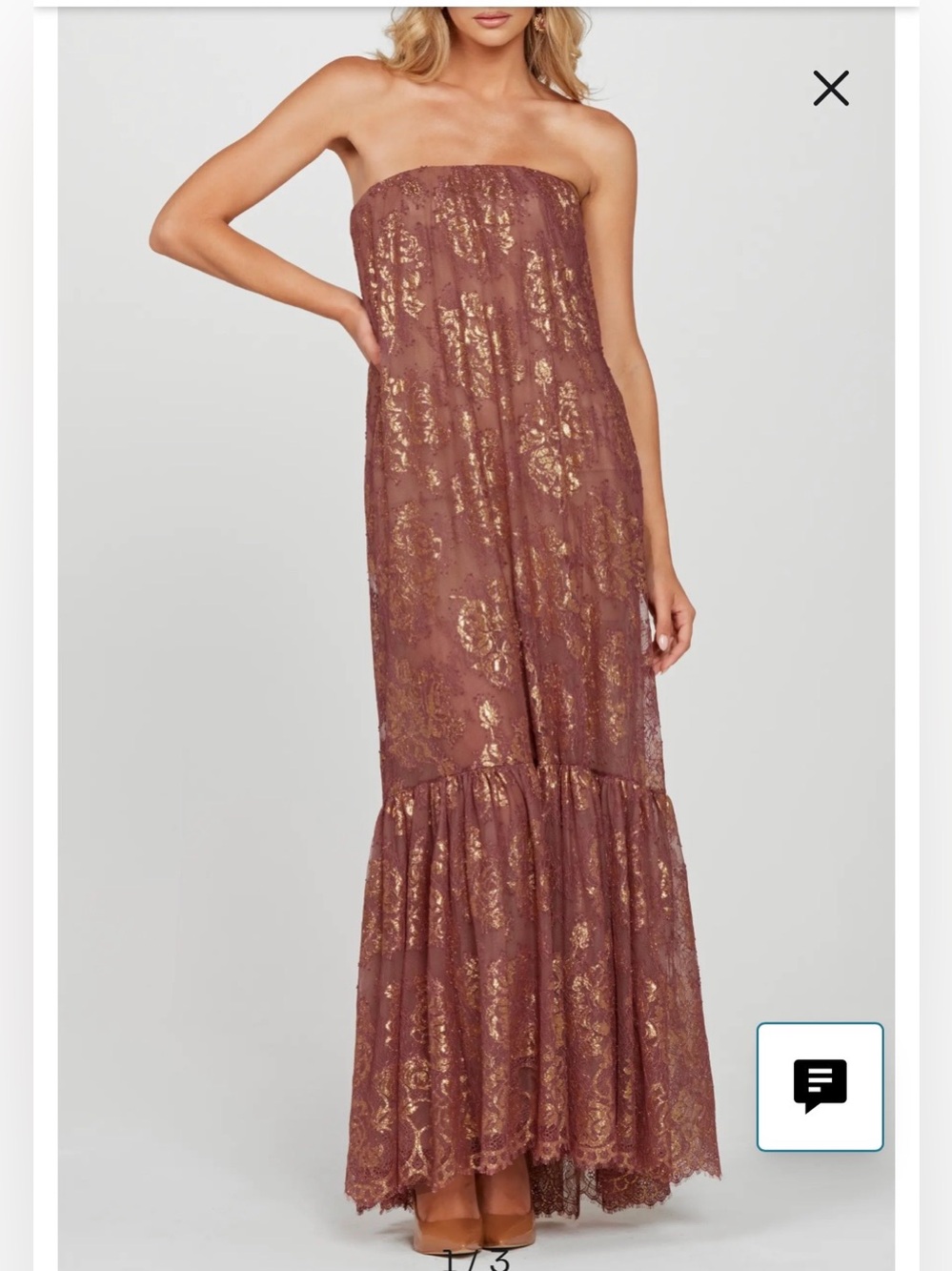 New HELSI Cara Strapless Mauve Gold Metallic Lace Maxi Dress - S